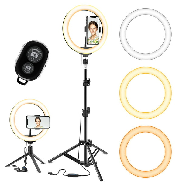 Dimmable 3 Light Modes Selfie Makeup Light with 3 Cell Phone Holder for Live Streaming & YouTube Video Dimmable Makeup Ring Light for Photography LED Ring Light 10 with Tripod Stand Shooting 